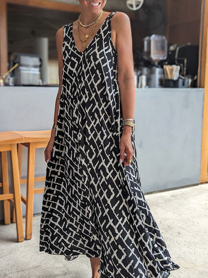 V Neck Geometric Printed Sleeveless Maxi Dress