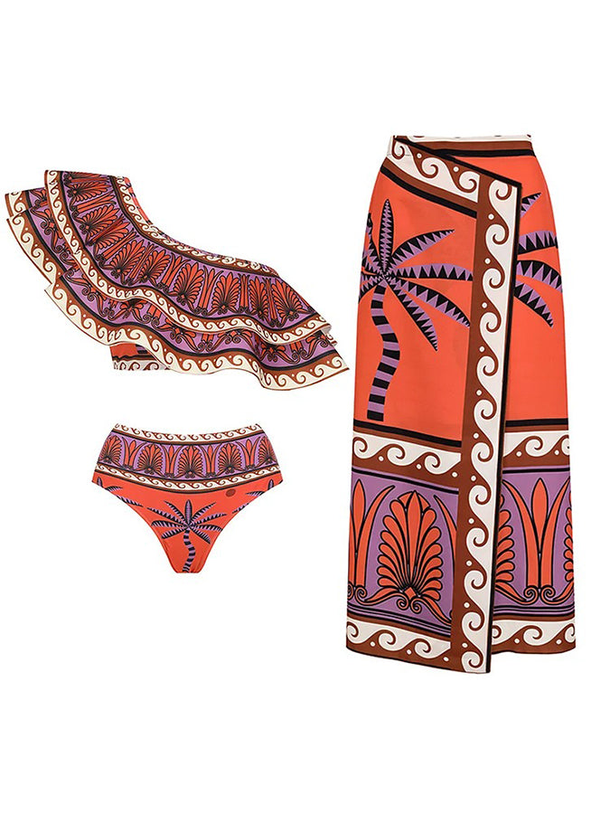 One Shoulder Ruffle Printed Bikini Swimsuit and Skirt