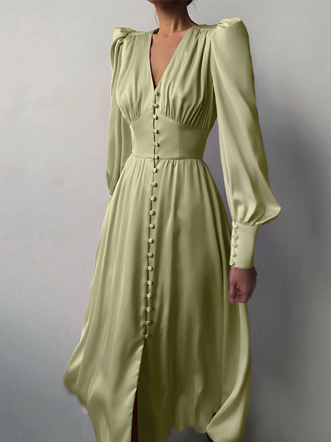 Long Sleeves Buttoned V Neck Maxi Dress