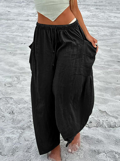 Elastic Waist Pockets Wide-leg Pants