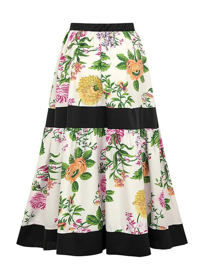 Printed Off Shoulder Color Block One Piece Swimsuit and Skirt