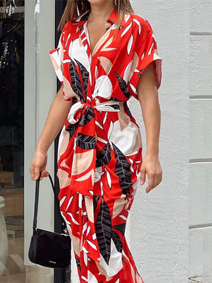 Printed Short Sleeves High Waist Shirt Maxi Dress