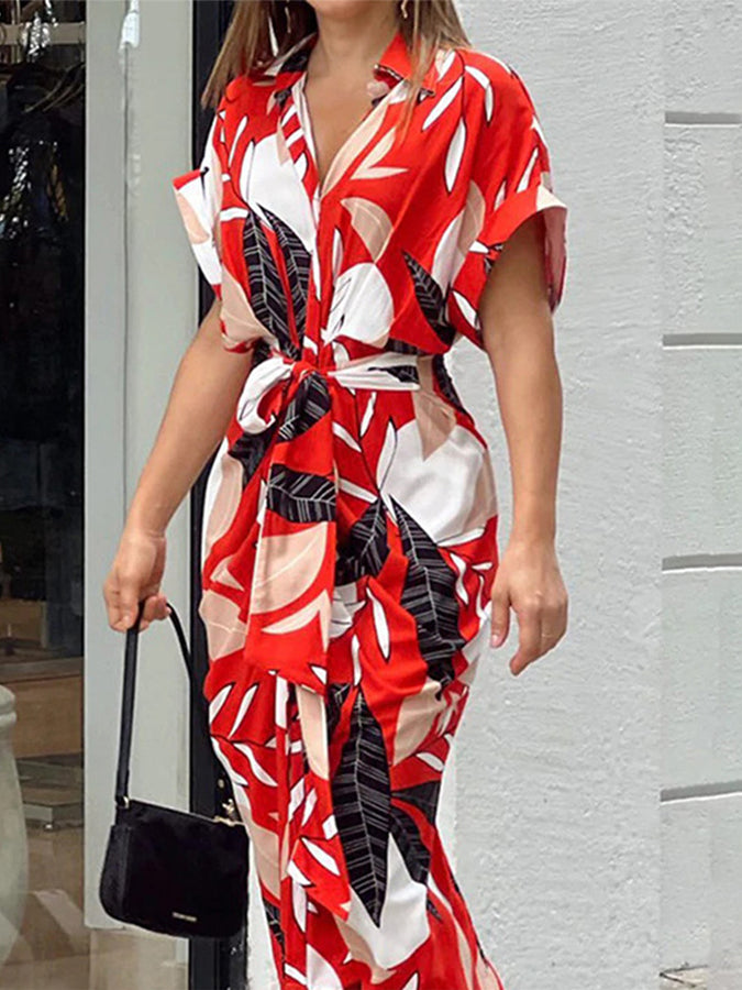 Printed Short Sleeves High Waist Shirt Maxi Dress