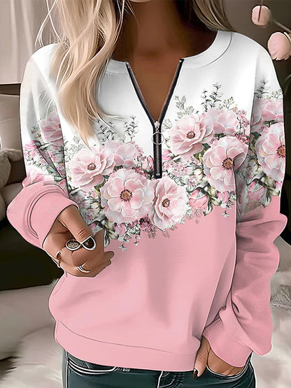 V Neck Zipper Long Sleeves Sweatershirt
