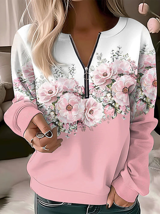 V Neck Zipper Long Sleeves Sweatershirt