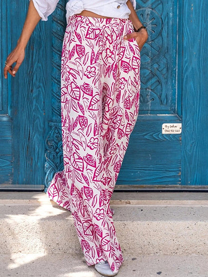 Printed Pockets Elastic Waist Wide-leg Pants