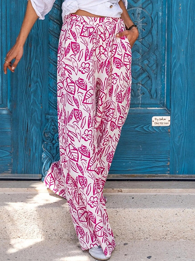 Printed Pockets Elastic Waist Wide-leg Pants