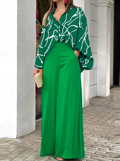 Long Sleeves Printed Shirt and Wide-leg Pants