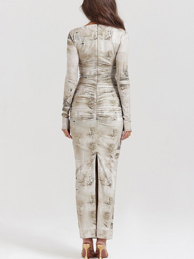 Long Sleeves Round Neck Printed Slim Maxi Dress