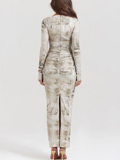 Long Sleeves Round Neck Printed Slim Maxi Dress