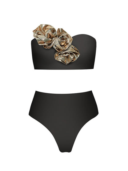 Golden 3d Flower Black or White Bikini Swimsuit and Skirt