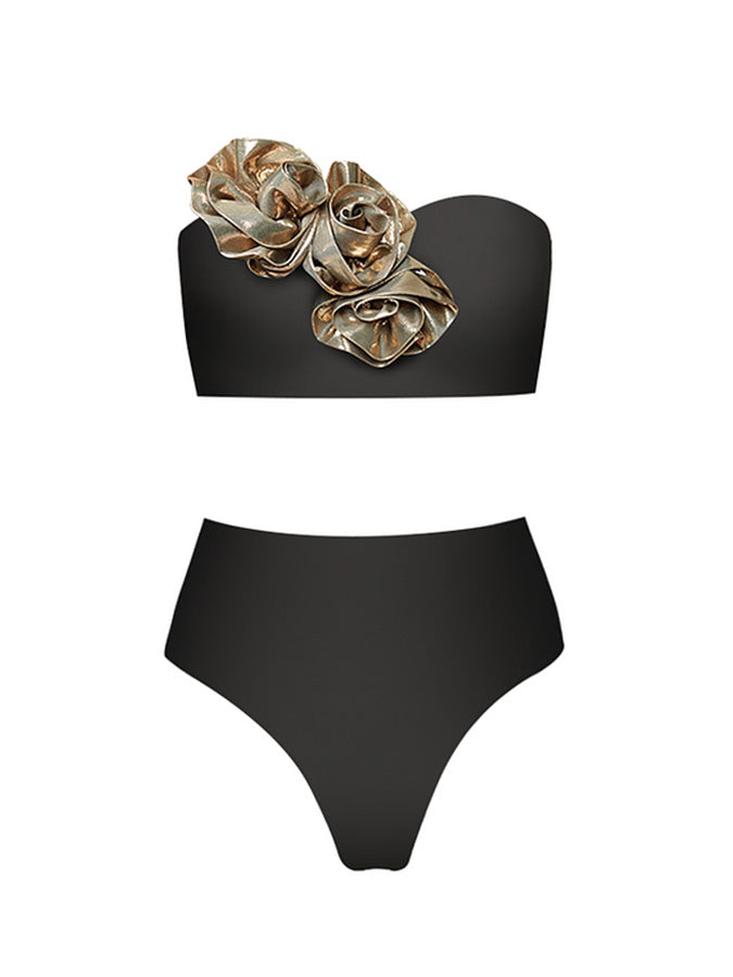 Golden 3d Flower Black or White Bikini Swimsuit and Skirt