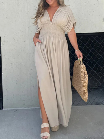 V Neck Batwing Sleeves Elastic Waist Maxi Dress