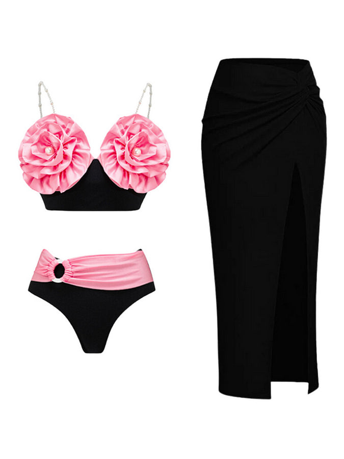 3d Pink Pearl Flower Swimsuit and Skirt