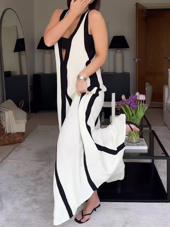 White-black Color-block V Neck Maxi Dress