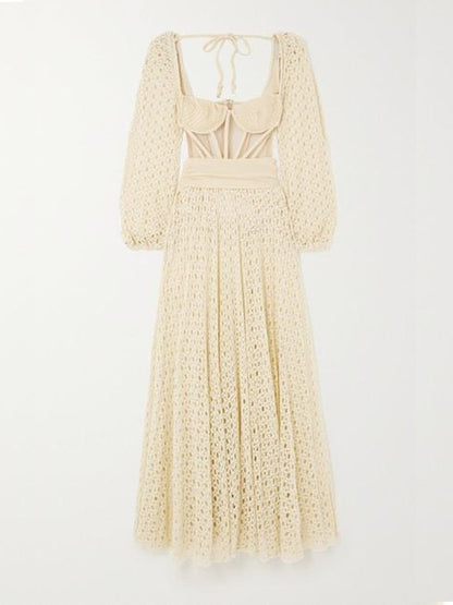 Natural Cutout Stretch-jersey and Crochet-knit Maxi Dress