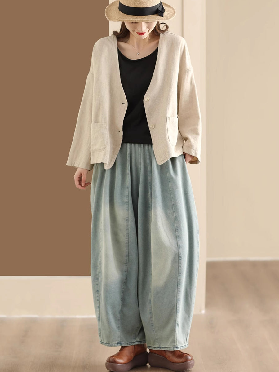 Washed Spliced Denim Wide-leg Pants Qw1007