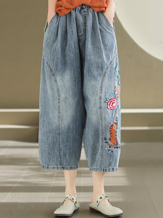 Artsy Flower Embroidery Denim Harem Pants As1006