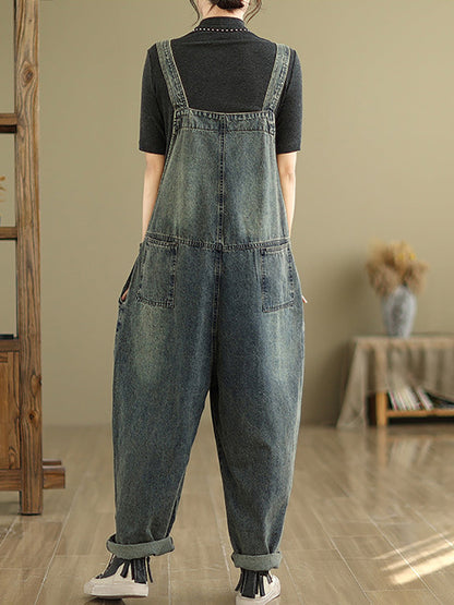 Retro Patchwork Loose Washed Denim Jumpsuits Ah1080