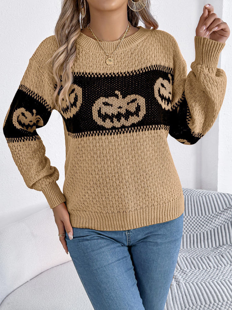 Halloween Pumpkin Head Color-block Crew Neck Knit Sweater