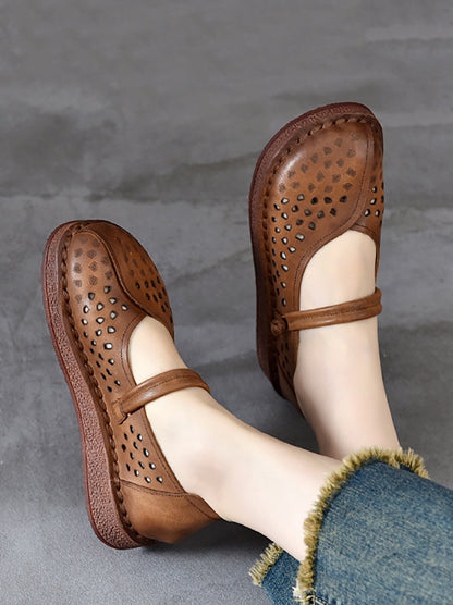 Summer Leather Cutout Leather Flat Shoes Oo1018