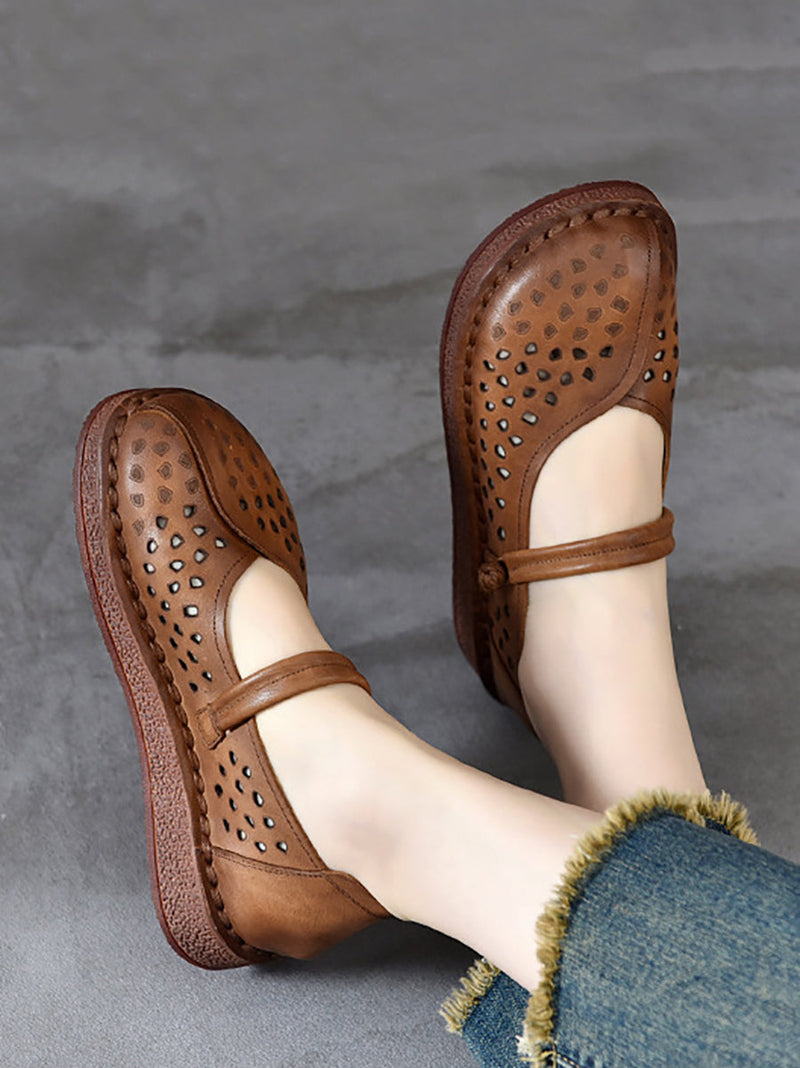 Summer Leather Cutout Leather Flat Shoes Oo1018