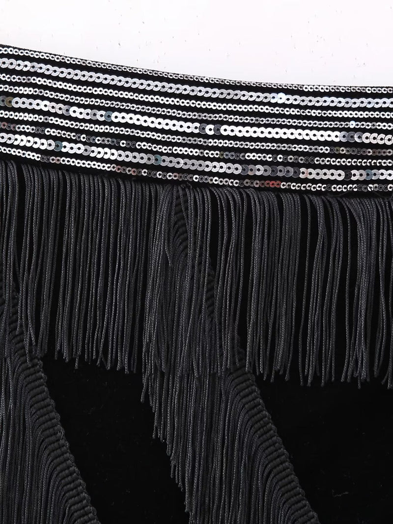 Tassel Fringe Velvet Waist Coat Vest Mini Skirt Set