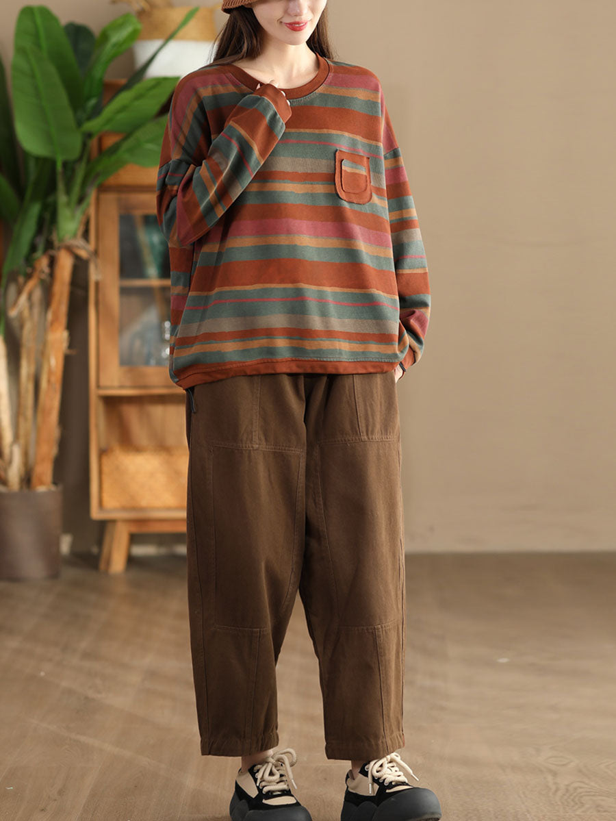 Autumn Colorblock Stripe O-neck Cotton Sweatshirt Ai1027