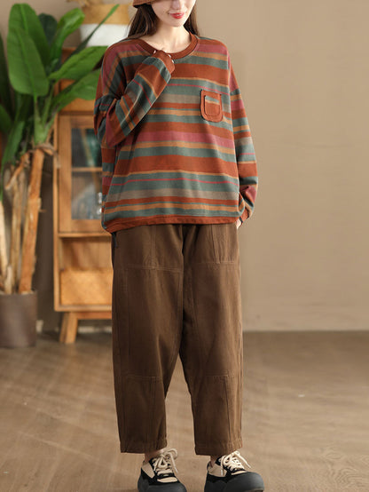 Autumn Colorblock Stripe O-neck Cotton Sweatshirt Ai1027