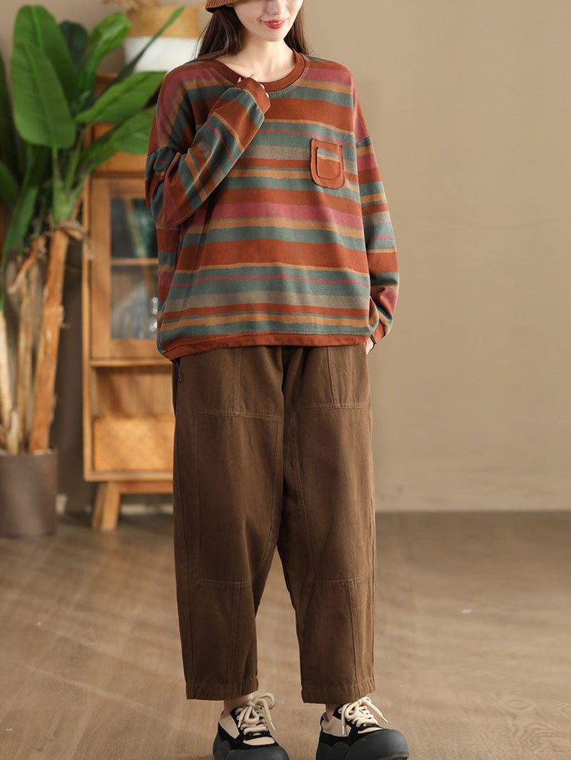 Autumn Colorblock Stripe O-neck Cotton Sweatshirt Ai1027