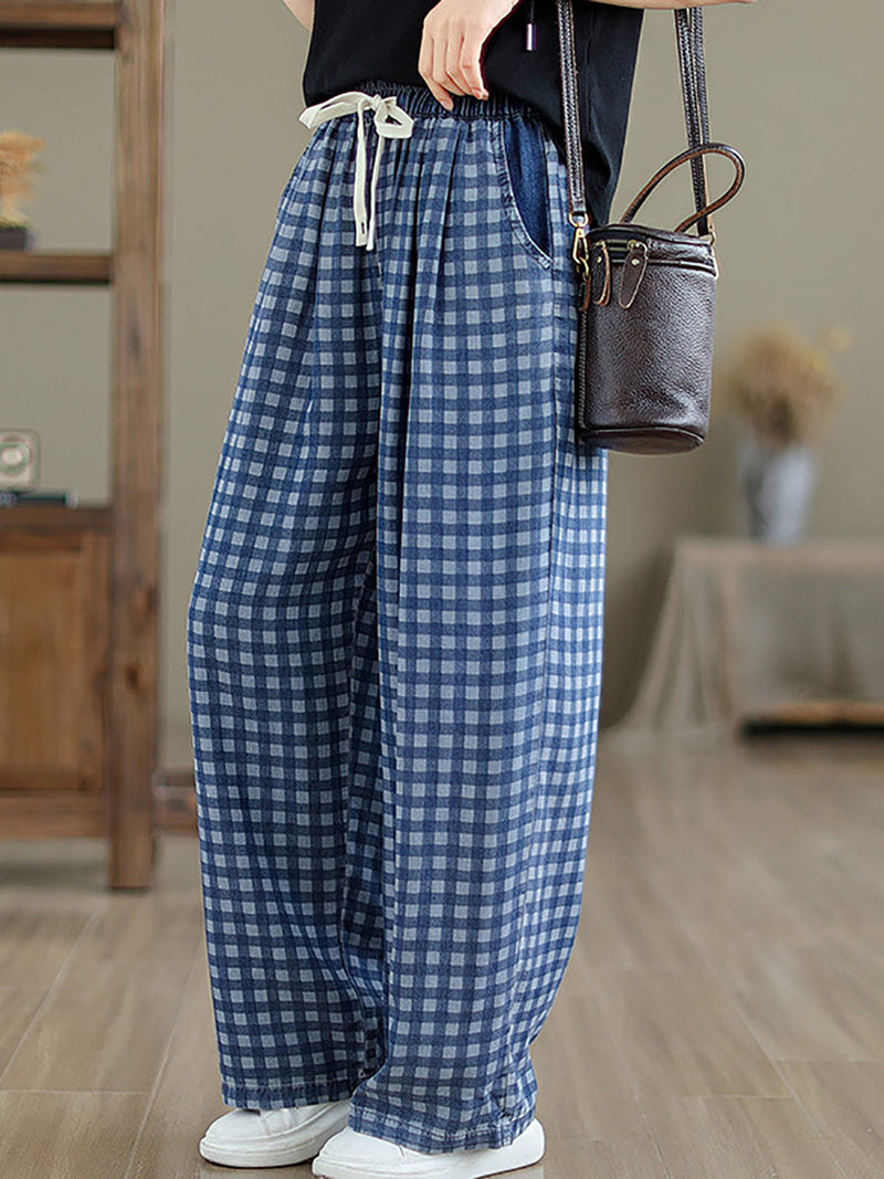 Summer Plaid Wide-leg Cotton Pants Op1028