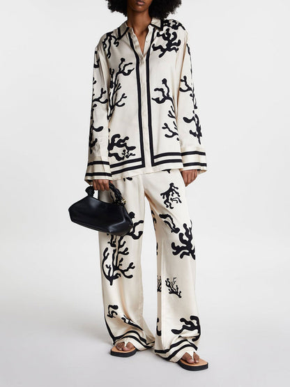 Black Coral Print Wide-leg Pants