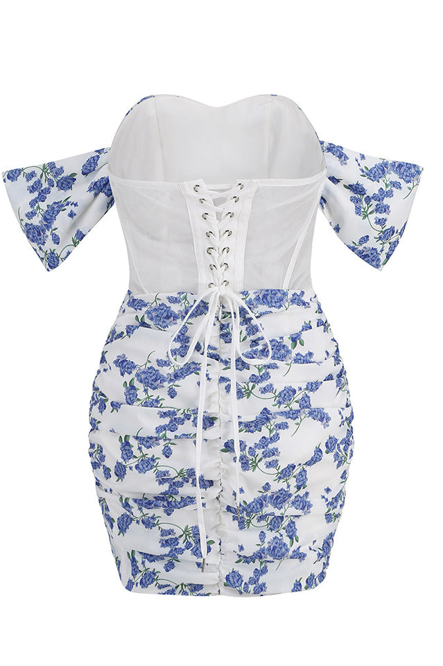Blue Print Ruched Mini Dress