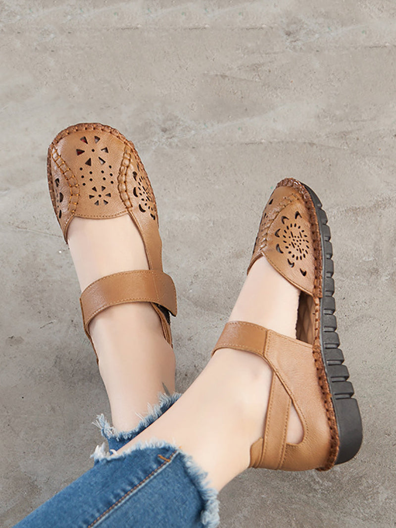Summer Leather Cutout Low-heel Sandals Cv1008