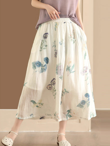 Artsy Summer Flower Ramie A-shape Skirt Co1025