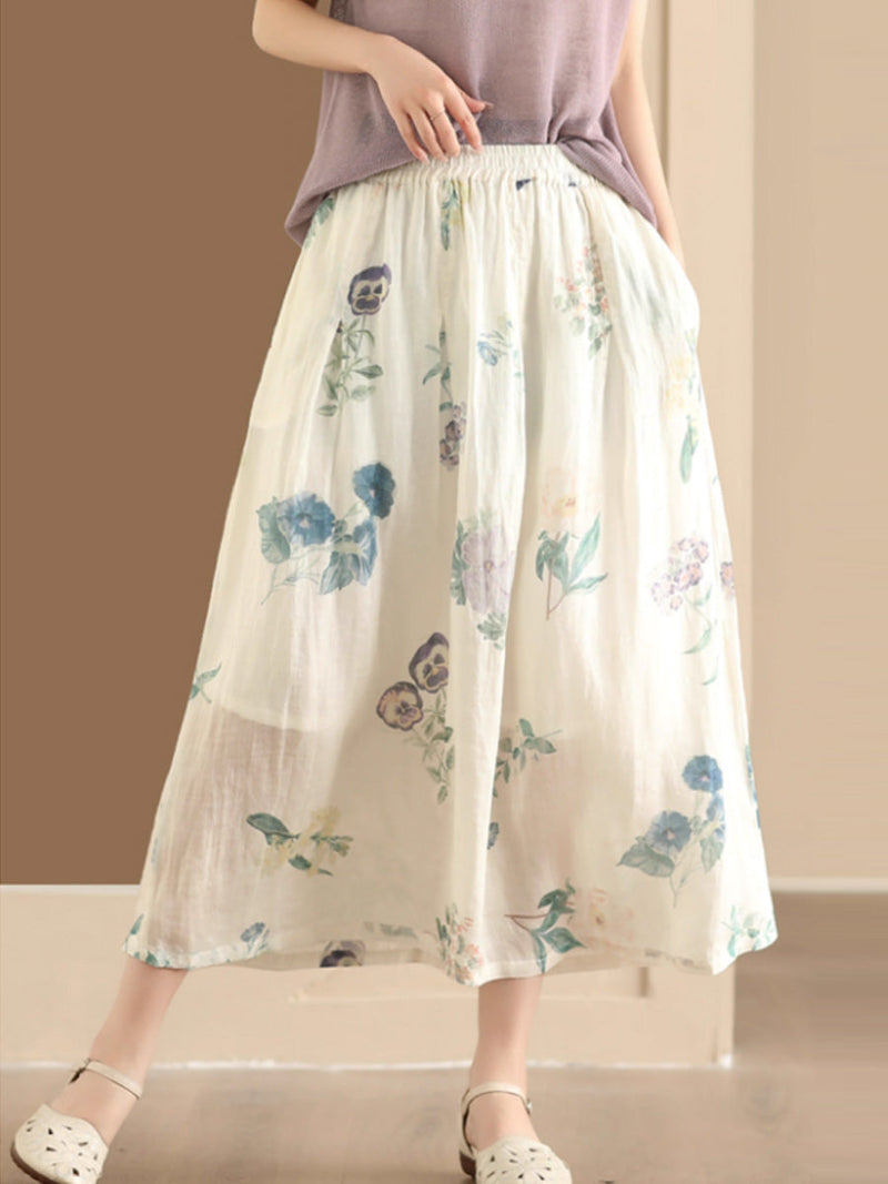 Artsy Summer Flower Ramie A-shape Skirt Co1025