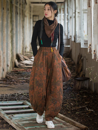 Winter Retro Flower Cotton Paaded Harem Pants Wu003