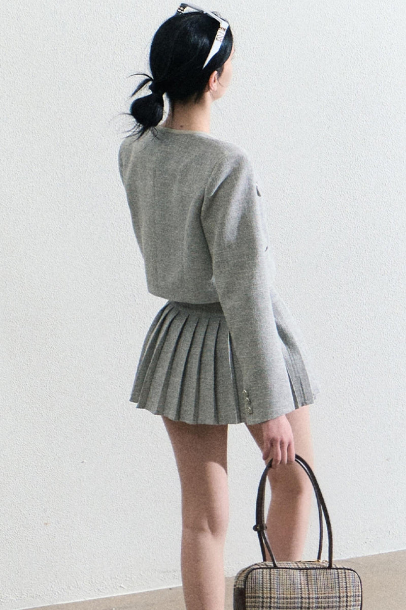 Grey Pleated Preppy School Blazer and Skirt Set