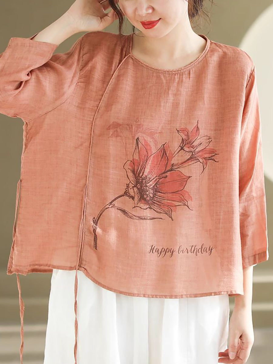 Spring Flower Strap Ramie Blouse Kl1039