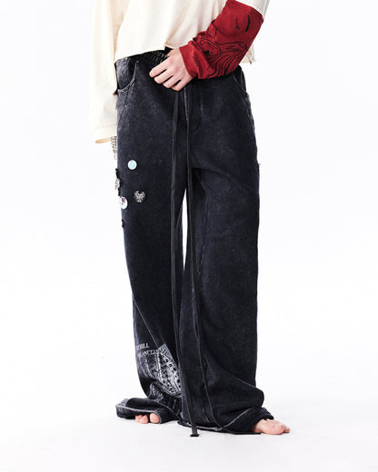 Pin Badges Velvet Wide-leg Pants