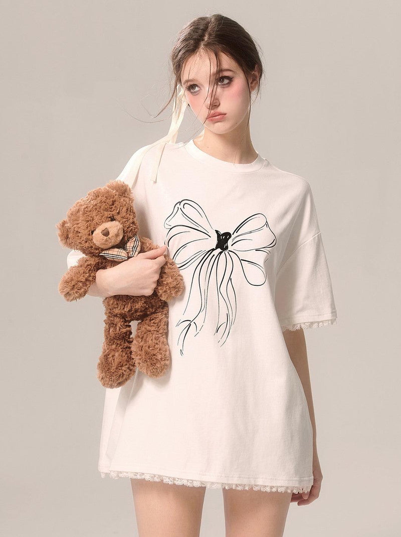 White Loose Short-sleeved T-shirt With Bow Lace Trim