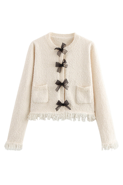 Crewneck Frayed Hem Pocketed Bow Sweater