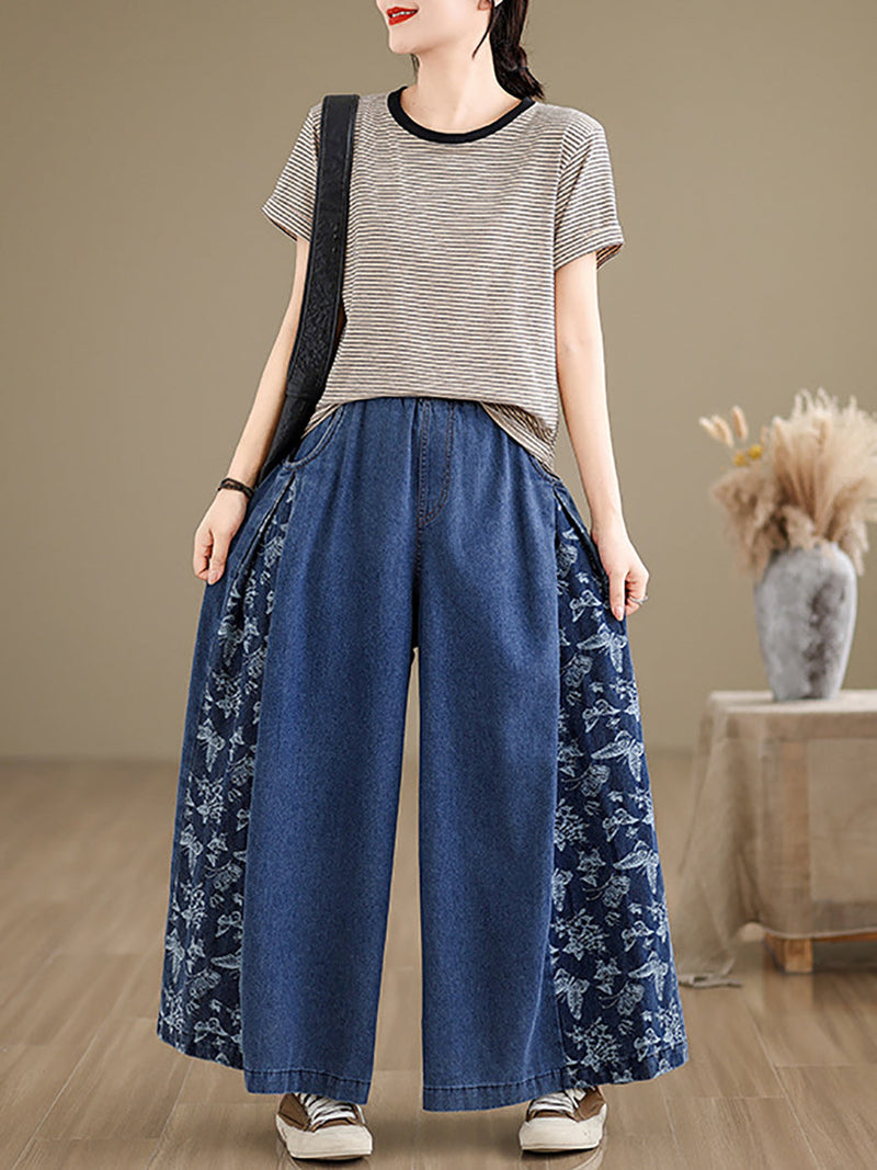 Summer Butterfly Spliced Wide-leg Denim Pants Kl1037
