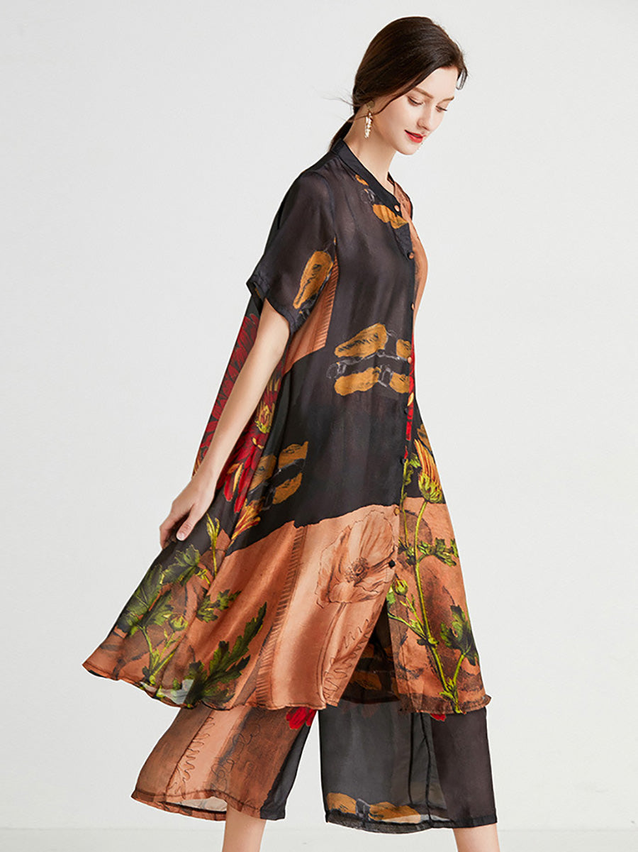 Artsy Flower Spliced Long Shirt+pants Hh053