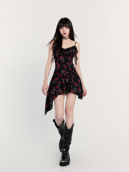 Print Gothic Mini Dress With Asymmetric Hem
