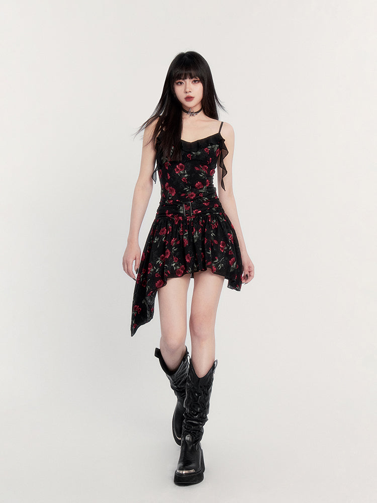 Print Gothic Mini Dress With Asymmetric Hem