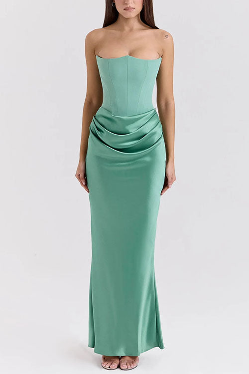 Strapless Ruched Satin Splice Bodycon Maxi Dress