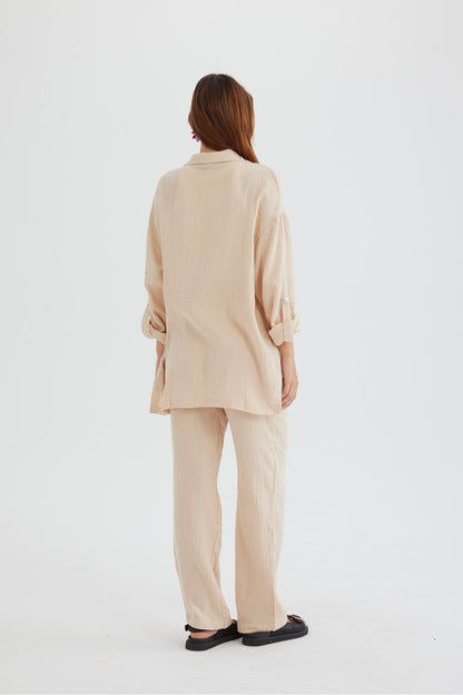 Long Sleeve Pocketed Slit Shirt Long Pants Suits