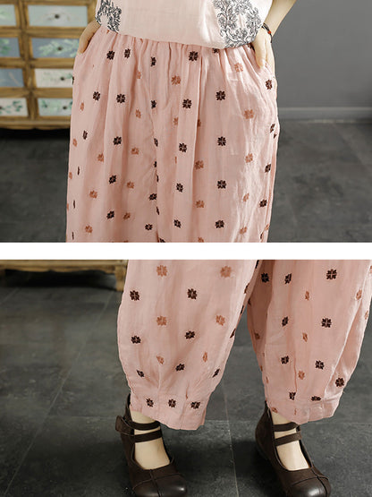 Spring Artsy Flower Embroidery Ramie Harem Pants Kl1009