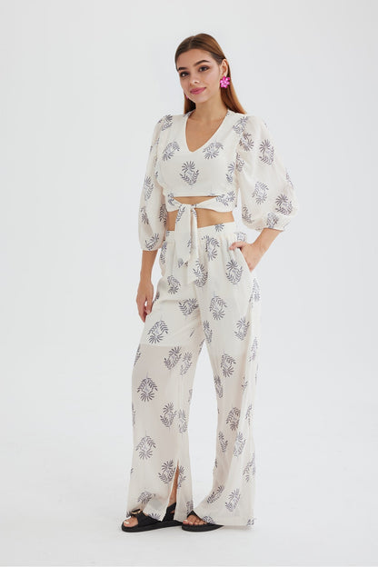 Print Puff Sleeve Knotted-front Tops Long Pants Suits